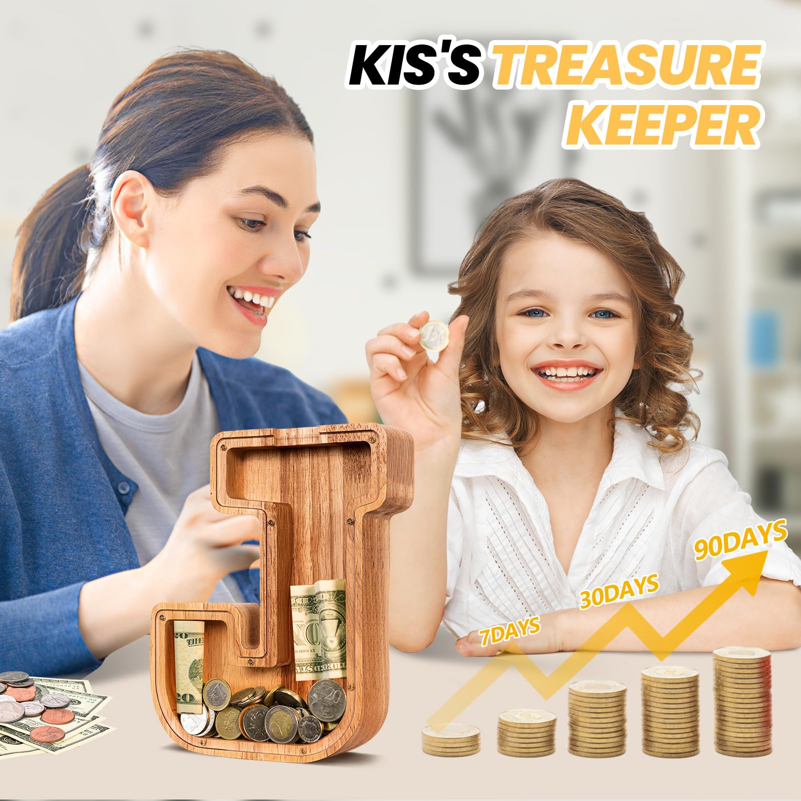 KMC wooden letter piggy bank close-up wood texture showing durable finish