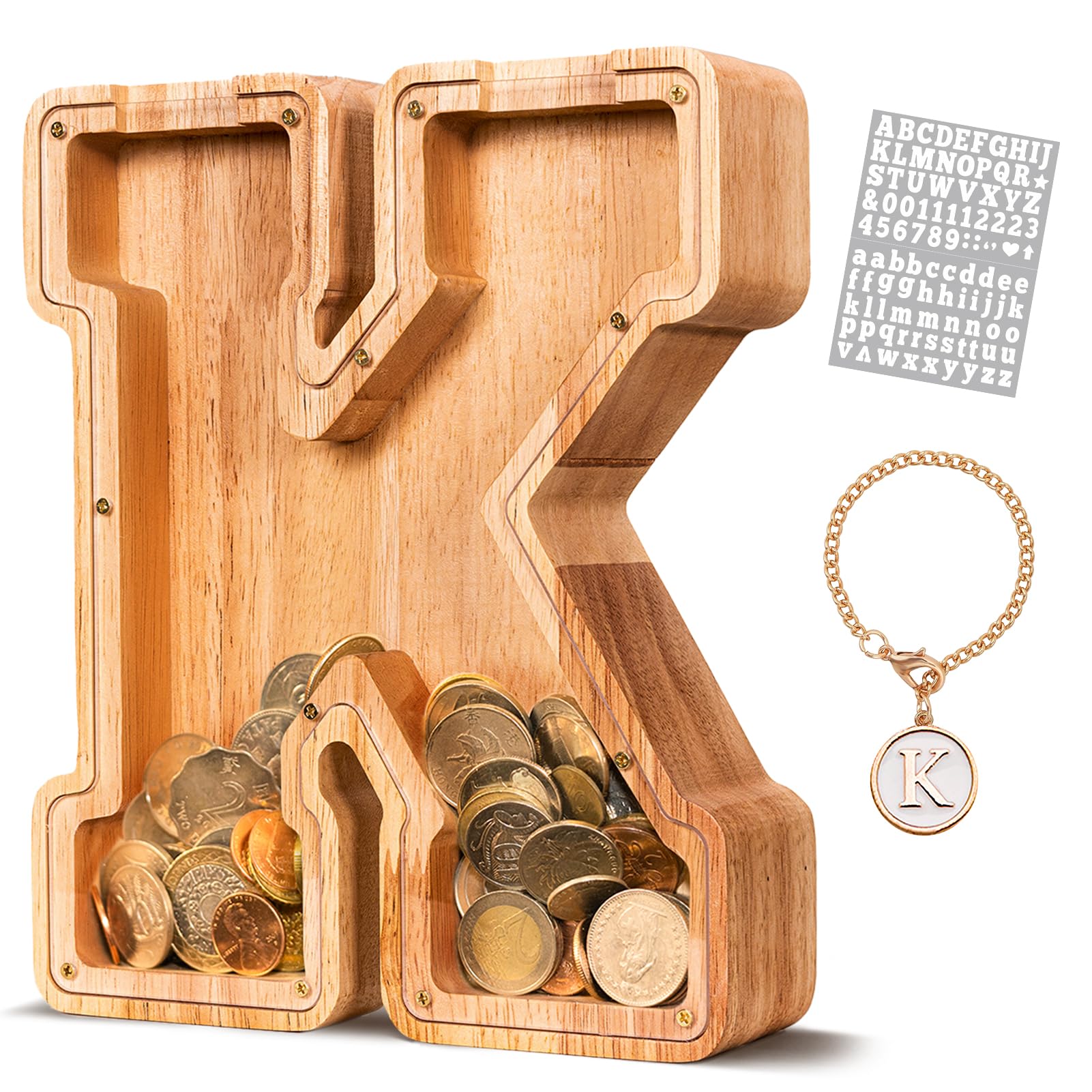 KMC wooden letter piggy bank front view shows personalized initials and durable oak