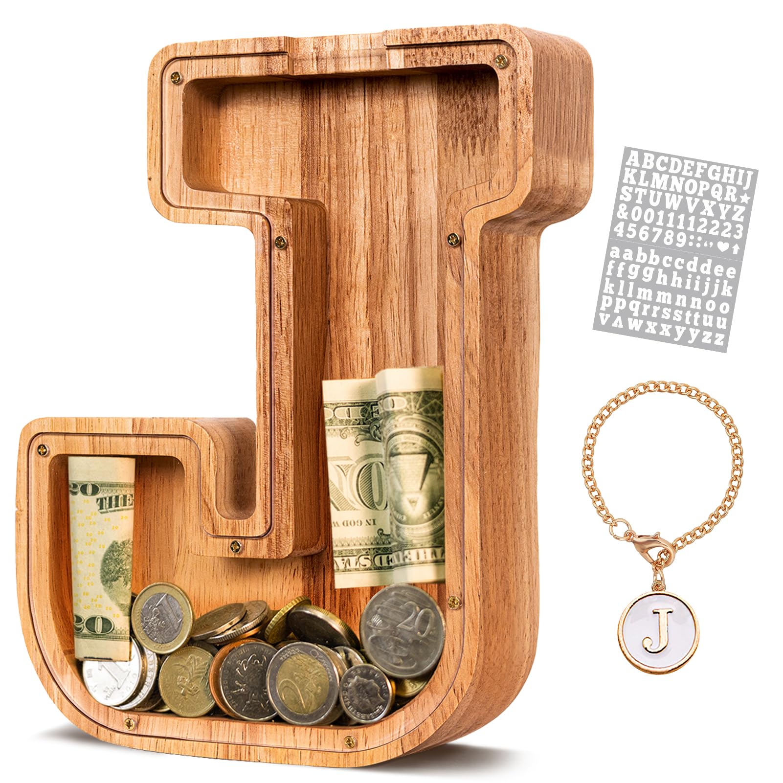 KMC wooden letter piggy bank front view with oak and initials