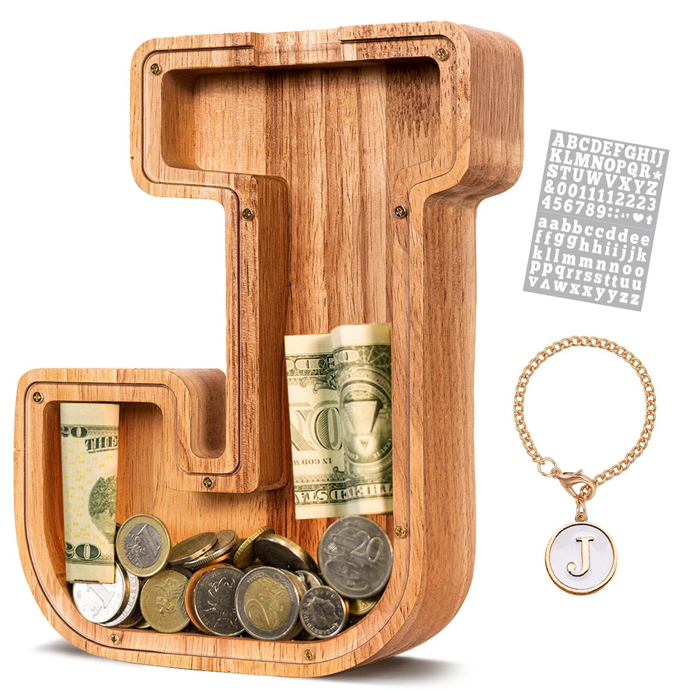 KMC wooden letter piggy bank front view with oak and initials