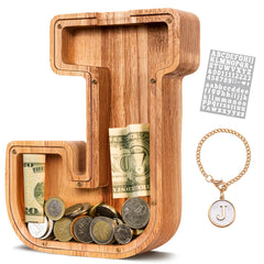 KMC wooden letter piggy bank front view with oak and initials