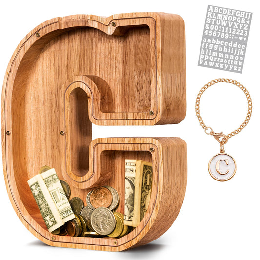 KMC wooden letter piggy bank in full view, showcasing a stylish savings solution.