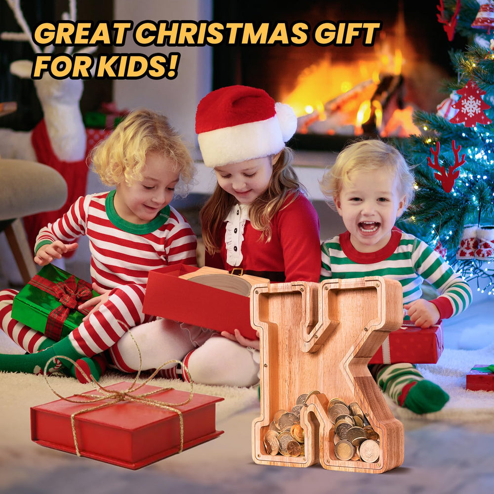 KMC wooden letter piggy bank gift-ready presentation supports thoughtful personalization