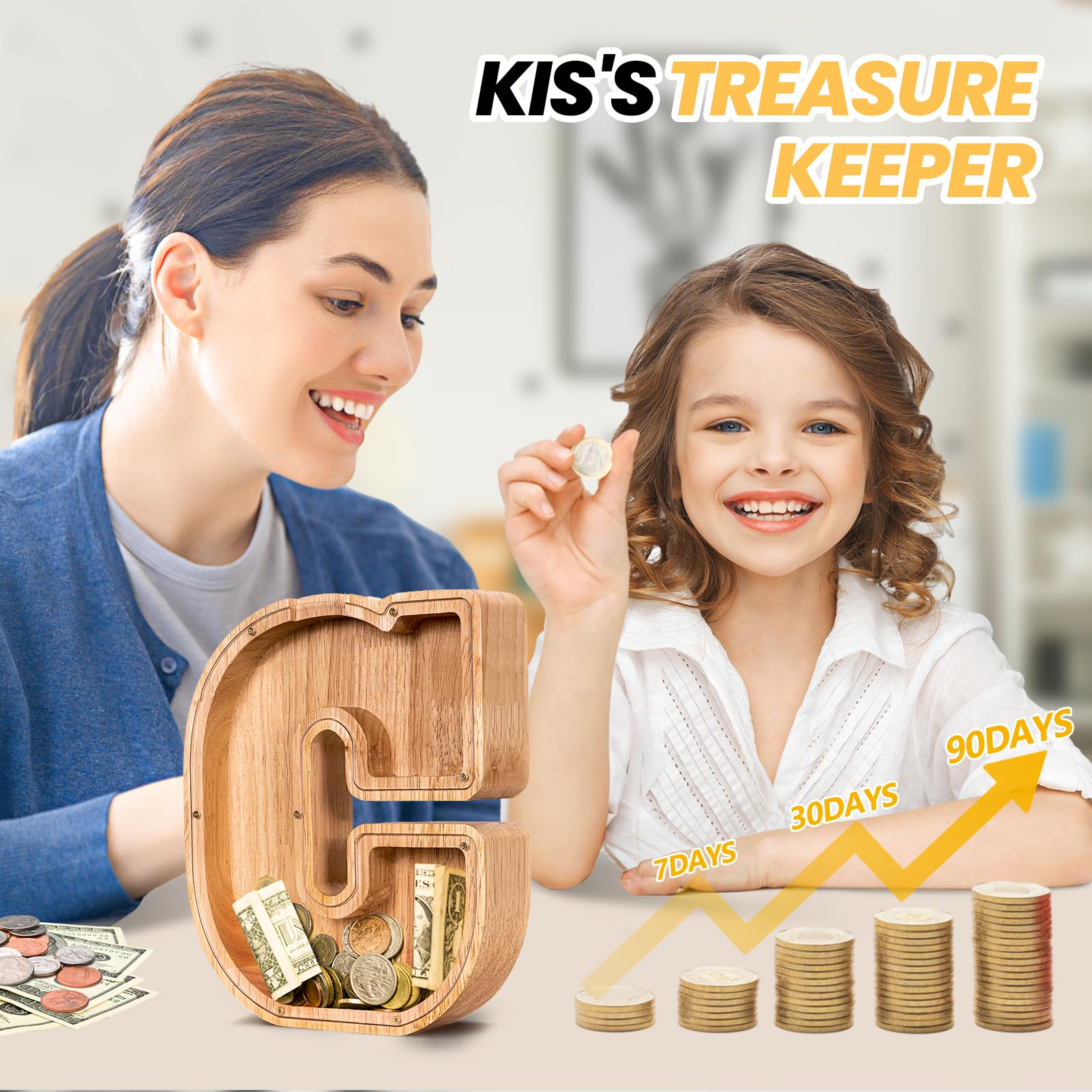 KMC wooden letter piggy bank close-up on oak finish highlights craftsmanship.