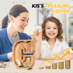 KMC wooden letter piggy bank close-up on oak finish highlights craftsmanship.