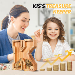 KMC wooden letter piggy bank plexiglass panel reveals savings progress for kids