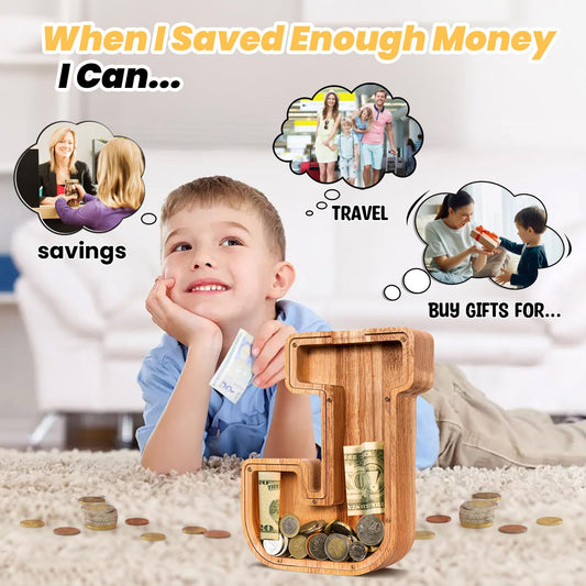 KMC wooden letter piggy bank side view, slim and modern