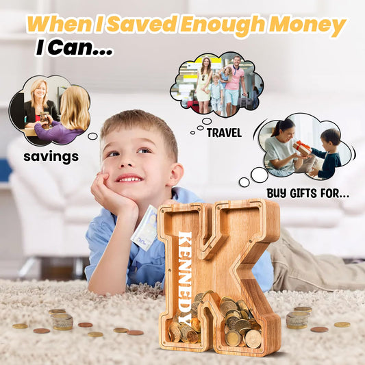 KMC wooden letter piggy bank side view highlights sturdy construction and modern design