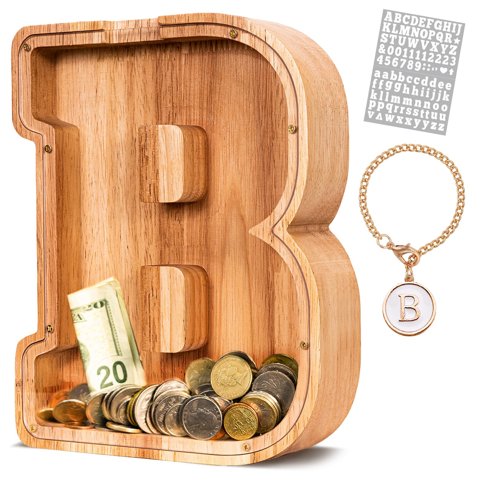 KMC wooden letter piggy bank with natural oak finish for durable savings