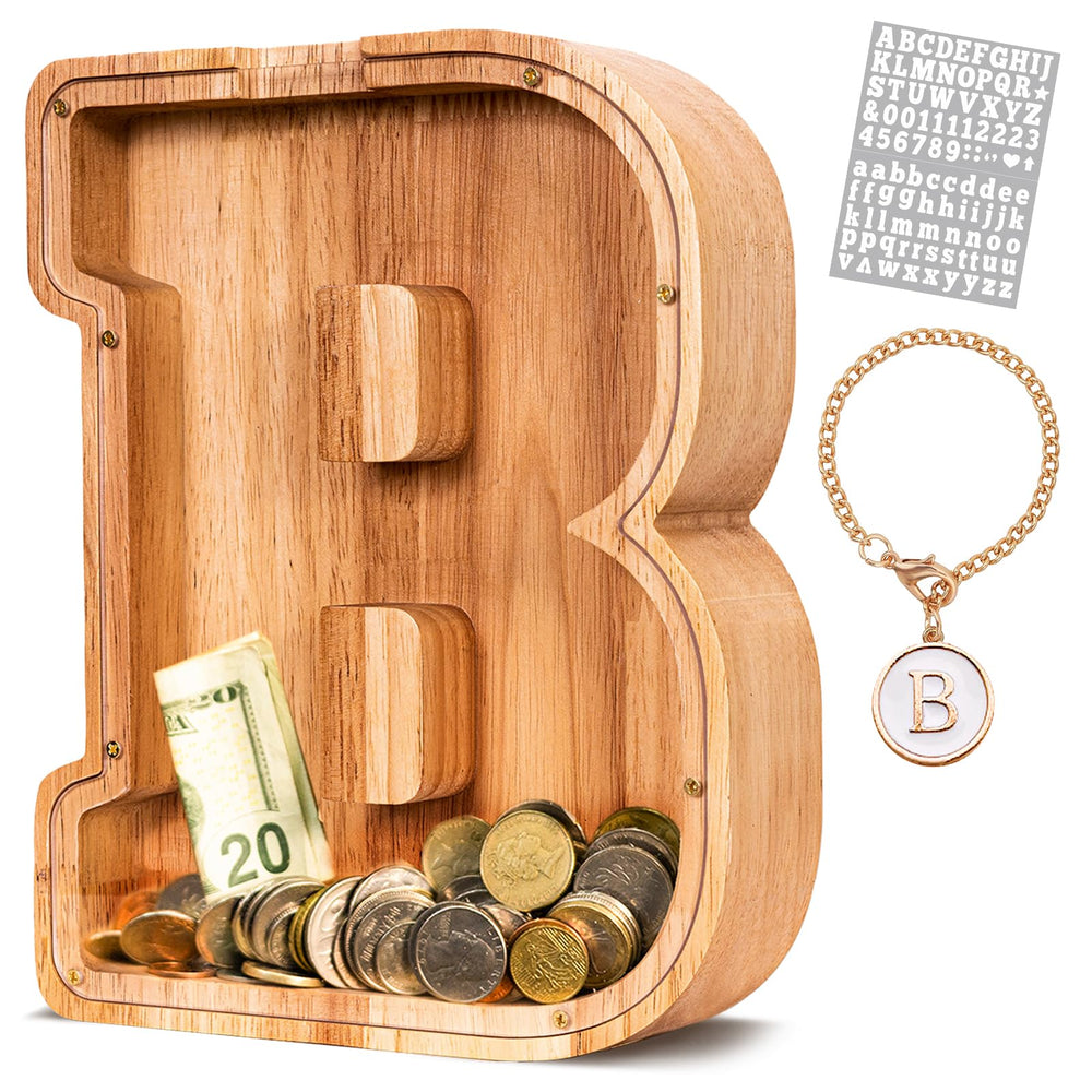 KMC wooden letter piggy bank with natural oak finish for durable savings
