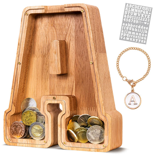 KMC wooden letter piggy bank with natural oak finish for durable savings.