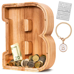 KMC wooden letter piggy bank with natural oak finish for durable savings