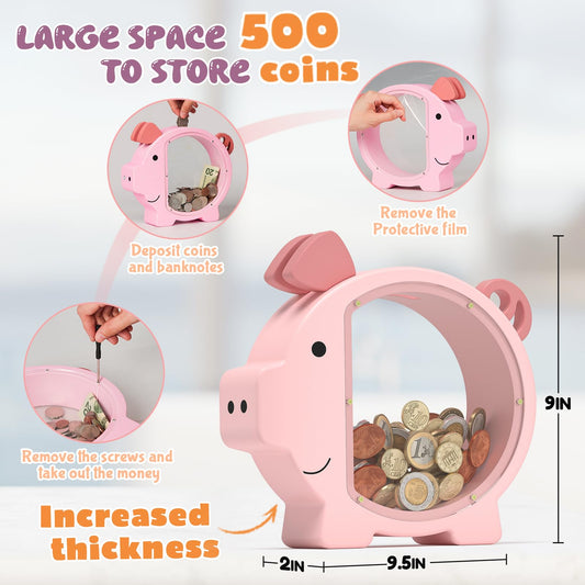 KMC wooden piggy bank pink side view highlighting natural wood finish