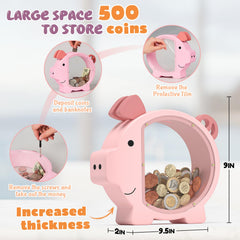 KMC wooden piggy bank pink side view highlighting natural wood finish