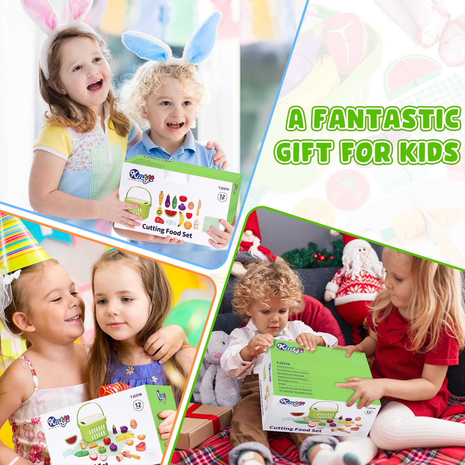 KMTJT educational wooden food set supports creativity and early food-name learning.