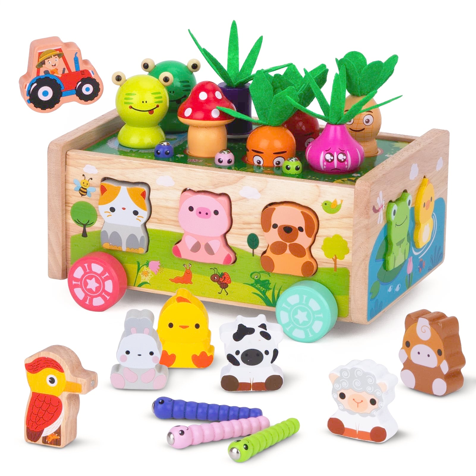 KMTJT Montessori wooden farm cart for early learning and shape sorting.