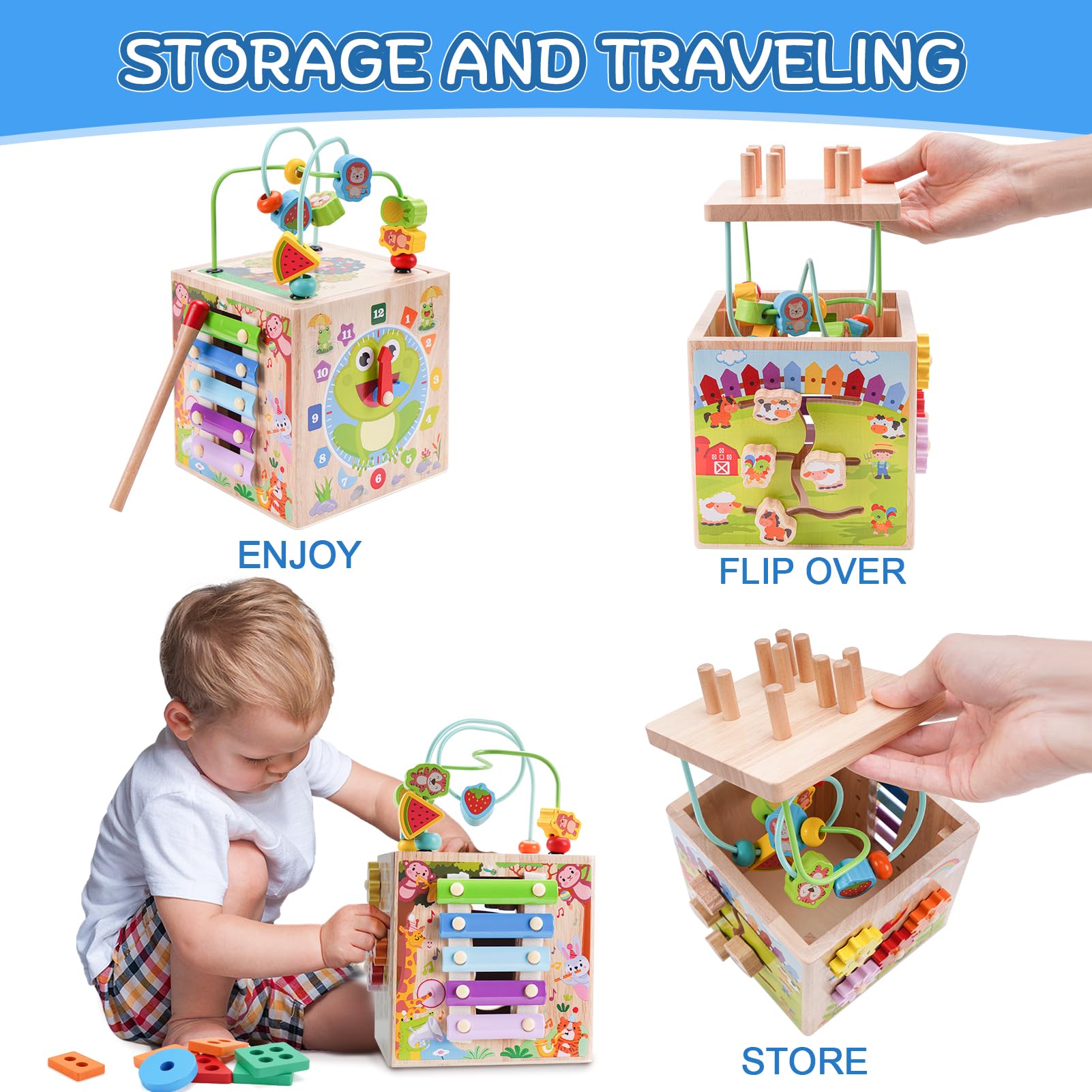 KMTJT wooden activity cube learning clock panel helps counting basics for toddlers