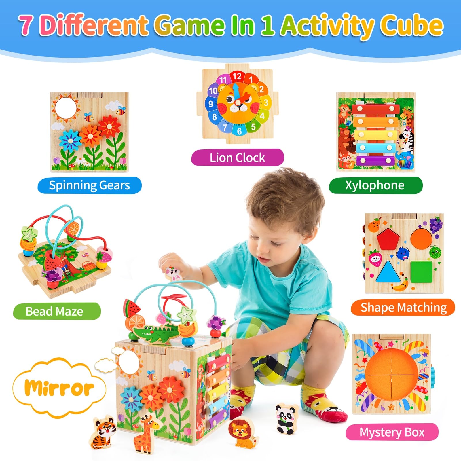 KMTJT Wooden Activity Cube learning clock supports time awareness and cognitive play.