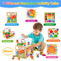 KMTJT Wooden Activity Cube learning clock supports time awareness and cognitive play.
