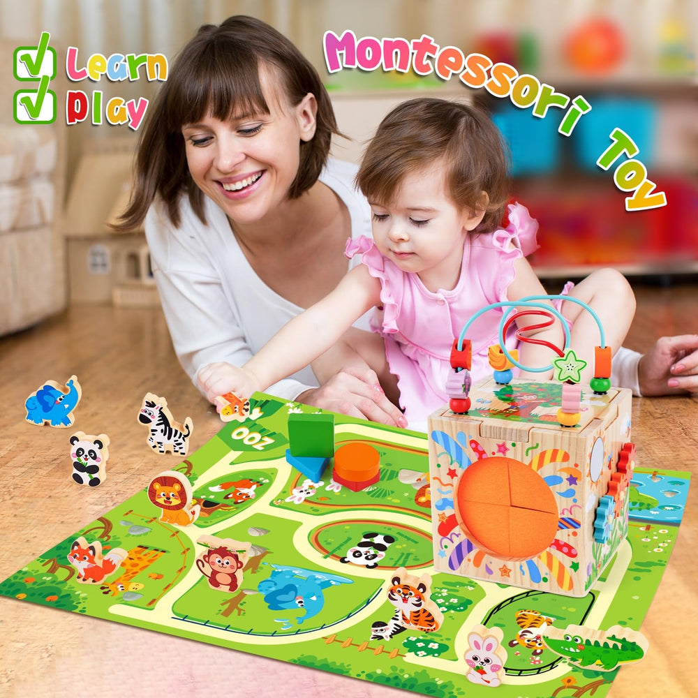 KMTJT Wooden Activity Cube shape sorter promotes problem solving and shape recognition.