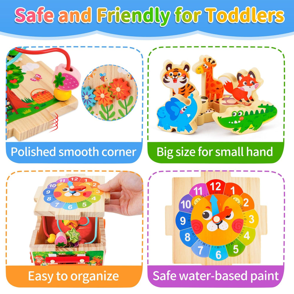 KMTJT Wooden Activity Cube spinning gears fosters cause-and-effect play and fine motor use.