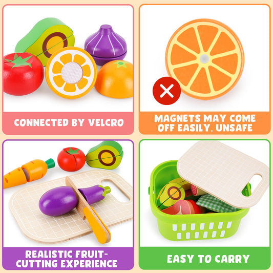 KMTJT wooden cutting food set meats being prepared to inspire pretend cooking and motor skills.