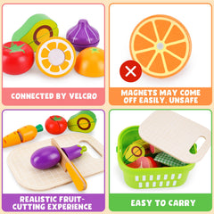 KMTJT wooden cutting food set meats being prepared to inspire pretend cooking and motor skills.