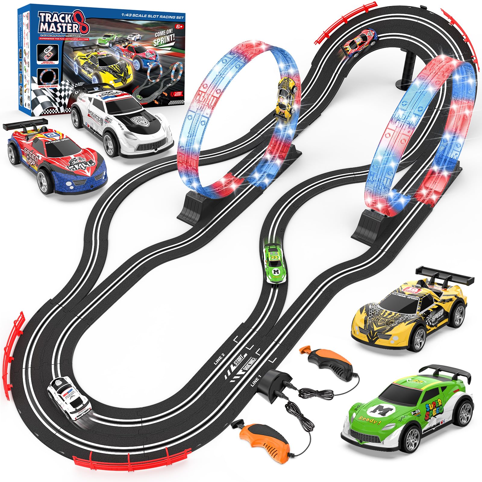 Kmuxilal Slot Car Track Set overview with long 19.7 ft layout for shared racing