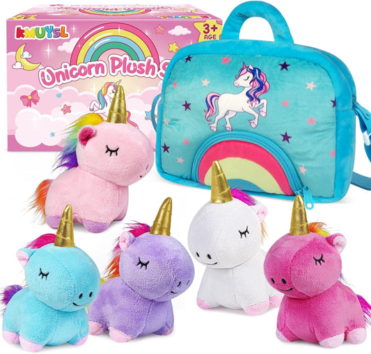 KMUYSL 5 unicorn plush set with rainbow bag for imaginative play and cuddling.