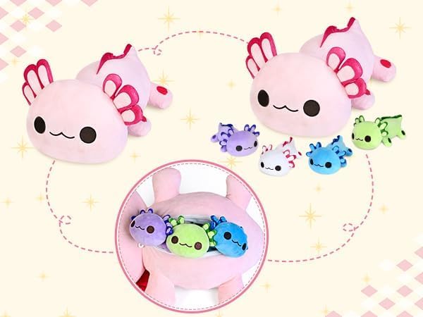 KMUYSL axolotl plush close up shows soft fabric texture for cuddling