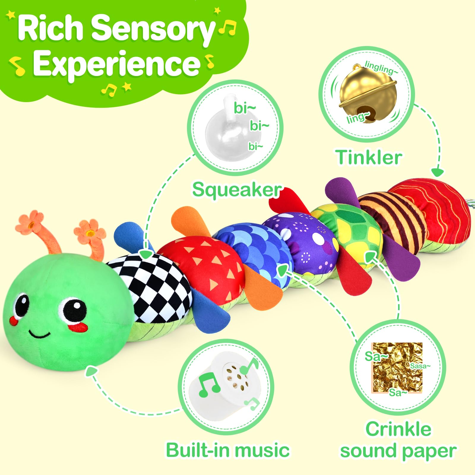 KMUYSL plush animal with squeaker encourages grasping and fine motor play.