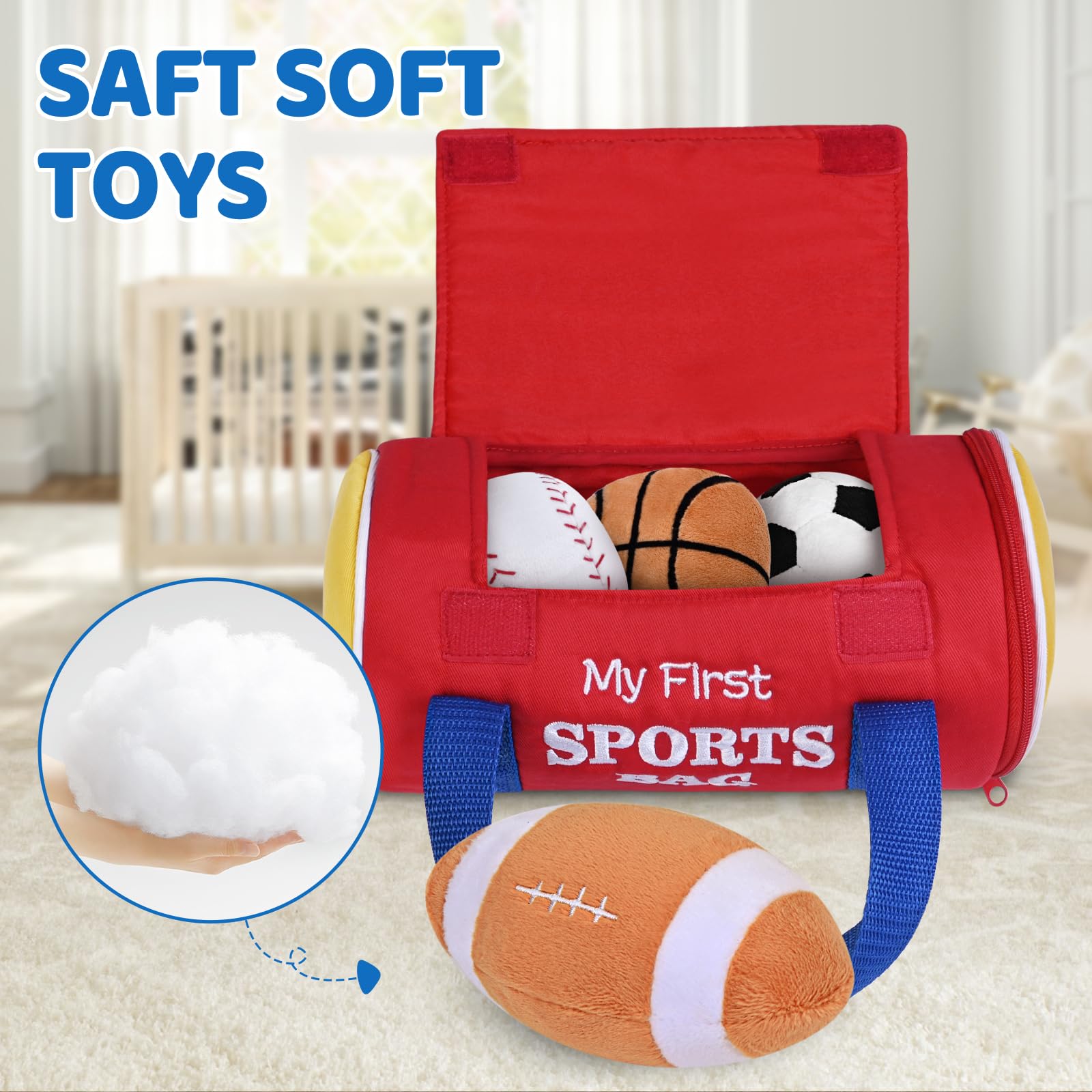 KMUYSL football rattle ball encourages reaching and grasping during play.