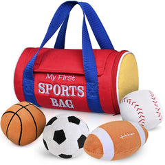 KMUYSL My First Sports Bag with four plush sensory balls for engaging baby playtime.
