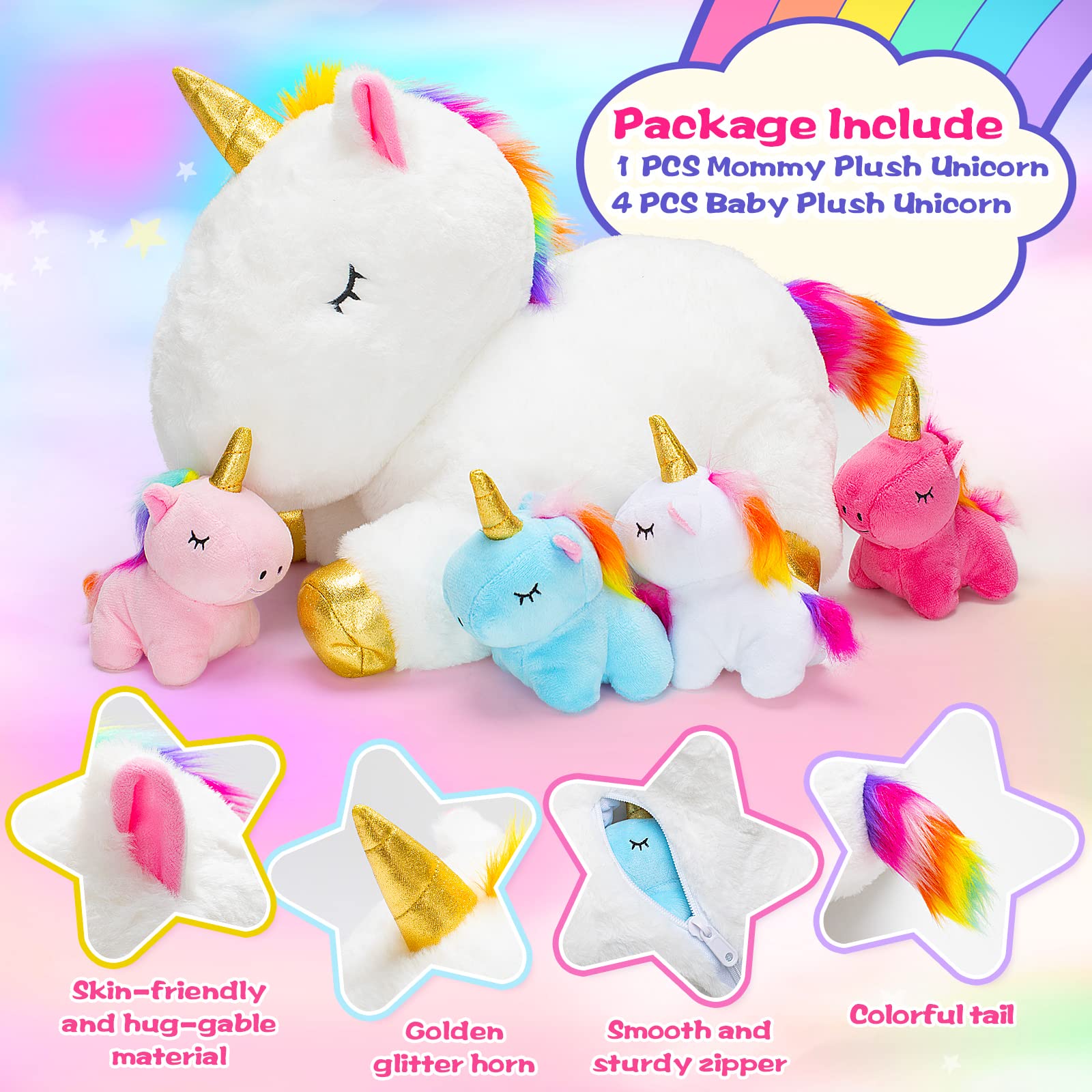 KMUYSL Baby unicorns in pink, blue, purple, white offer gentle hugs.