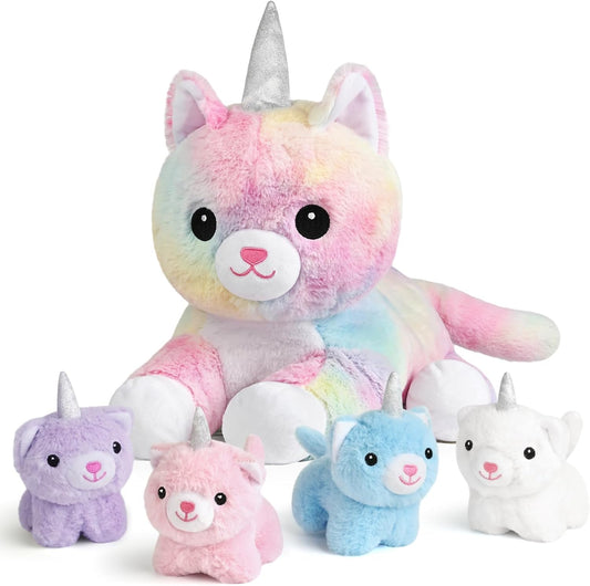 KMUYSL mommy cat plush with four baby kittens in a gift box for imaginative play