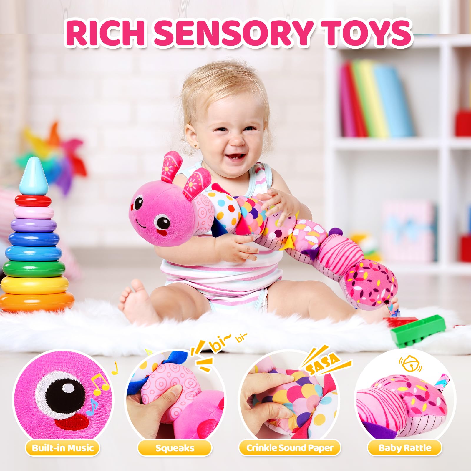 KMUYSL soft plush baby toy with visible internal rattle encourages listening skills.