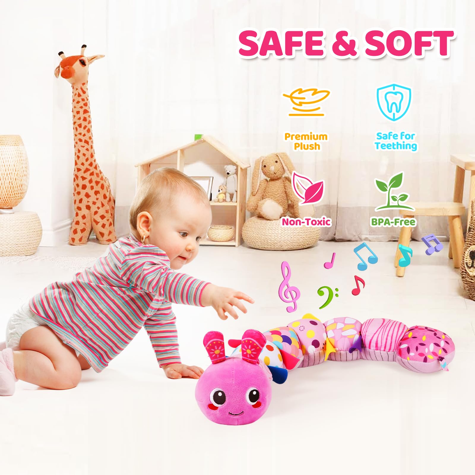 KMUYSL tummy time ruler on the toy’s belly supports growth tracking during play.
