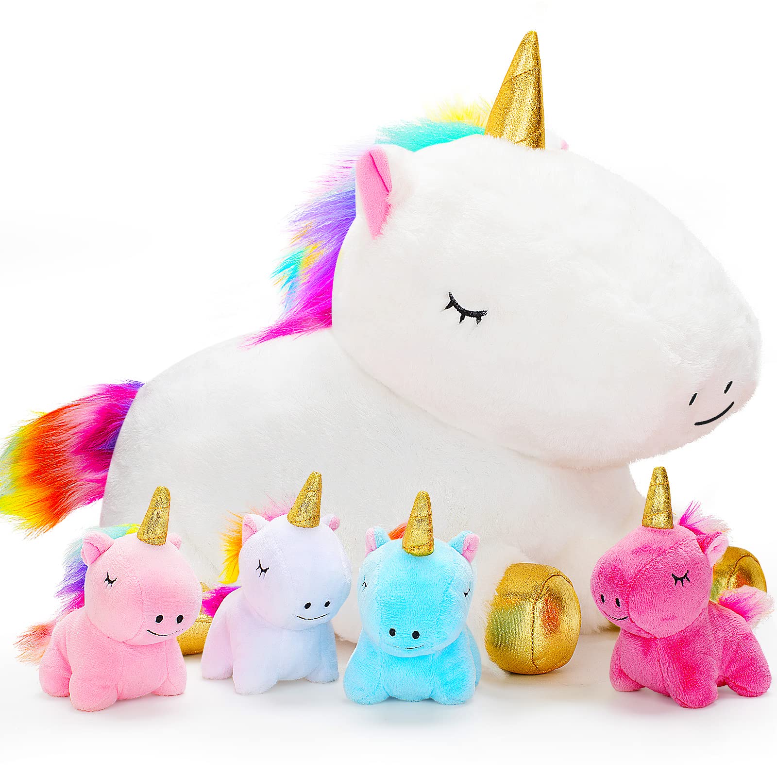 KMUYSL Unicorn Mommy with four baby unicorns plush set, ideal for cuddling and imaginative play.