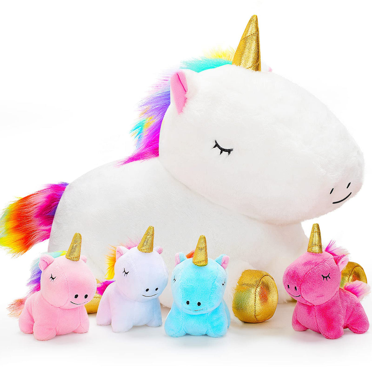 KMUYSL Unicorn Mommy with four baby unicorns plush set, ideal for cuddling and imaginative play.