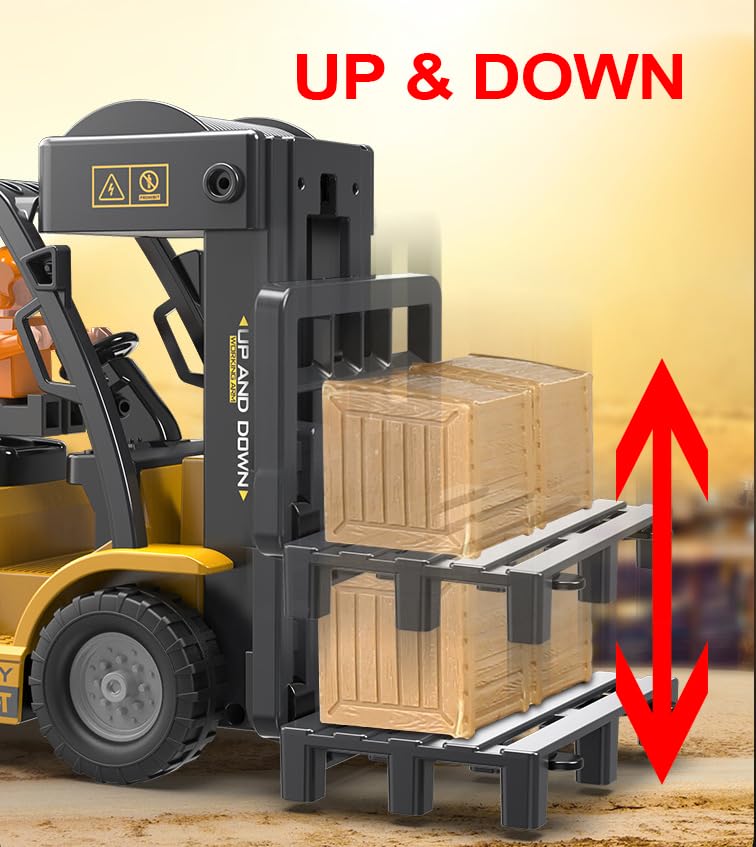 KNACKTOYZ 11-channel RC forklift pallet lift demonstrates up-and-down action for pretend warehouse tasks.