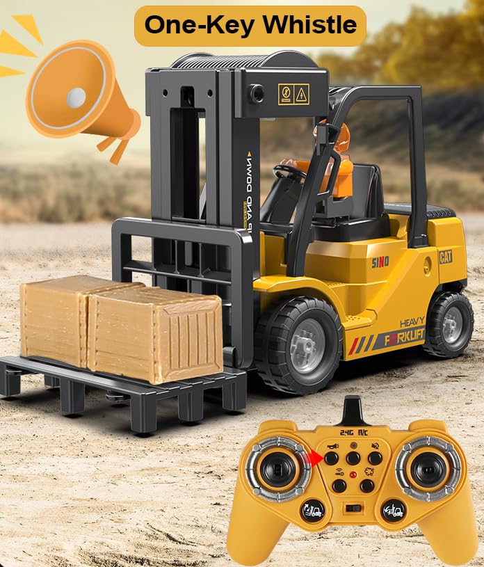 KNACKTOYZ 11-channel RC forklift sounds and lights enhance engaging play sessions.
