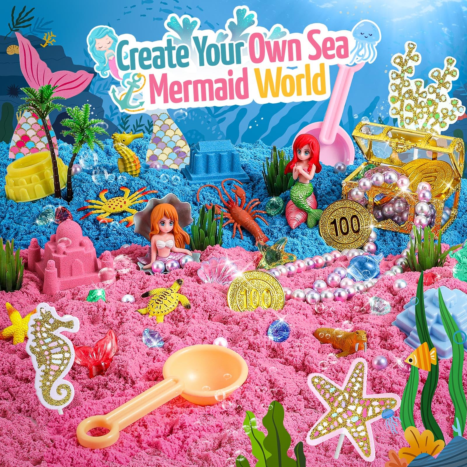KNASON Mermaid ocean figures and castle molds for imaginative pretend play.