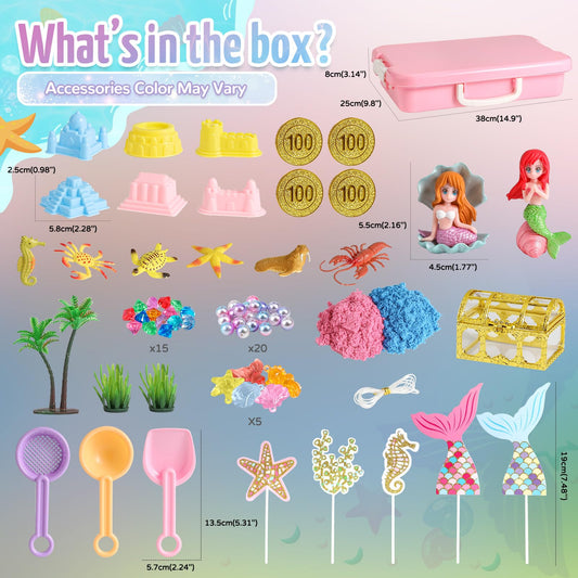 KNASON Mermaid sand-art-kit closeup shows squeezable, non-sticky sensory sand.