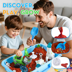 KNASON Outer Space Sensory Bin space toys like rockets and astronauts support fine motor skills.