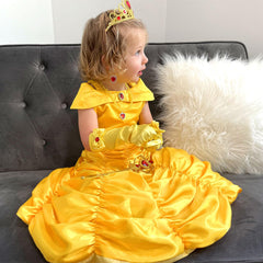 Knemmy Princess Dress Yellow back view with layered skirt and satin fabric for twirl-worthy moments.