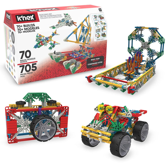 K'NEX 70-model building set parts with colorful rods and connectors for creative builds