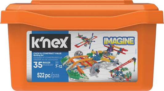 K'NEX storage tub keeps parts organized for easy cleanup.
