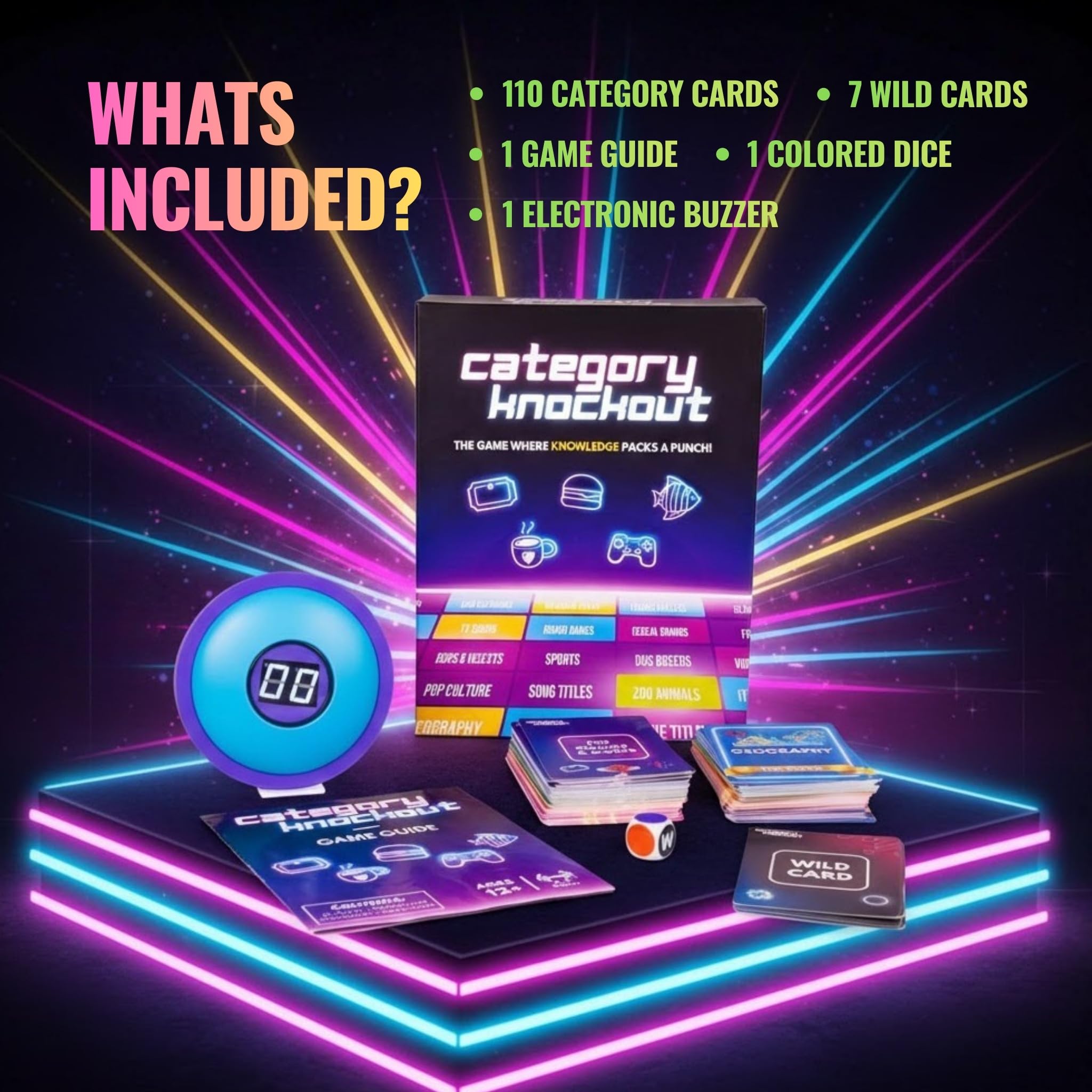 Knockout Games family game night setup demonstrated for easy, portable entertainment.