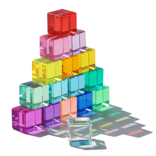 KOAICS Rainbow Crystal Cubes glow under light to aid color recognition and sensory play