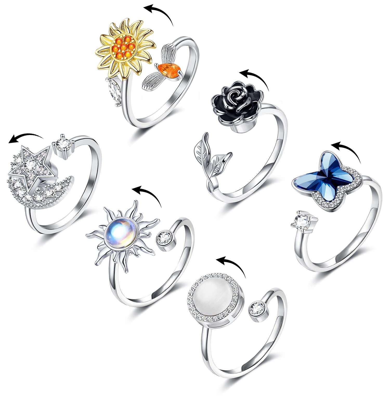 KOHOTA sunflower CZ spin fidget ring for stylish focus and habit-friendly wear